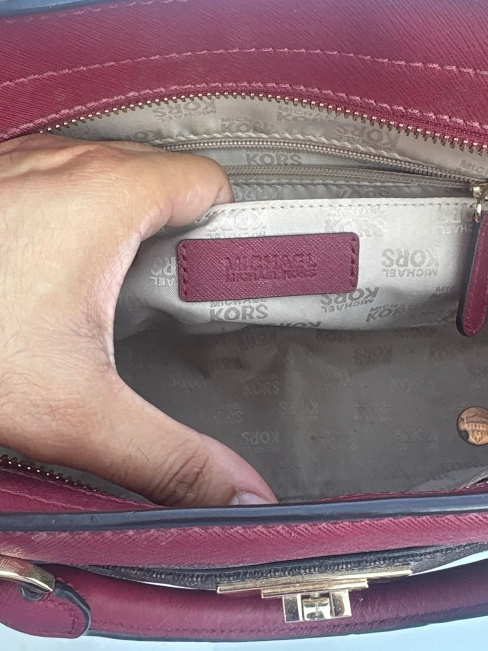 Michael Kors Burgundy and Brown MK Logo Satchel with Gold Hardware